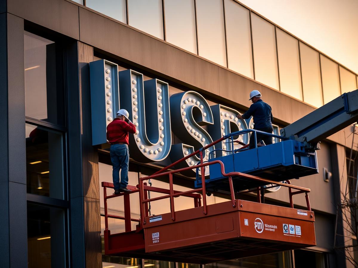 An S2 installation crew mounting dimensional letters on a commercial facade